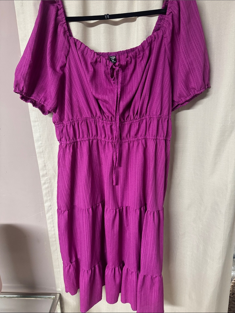 SHEIN Magenta Tiered Midi Dress with Puff Sleeves